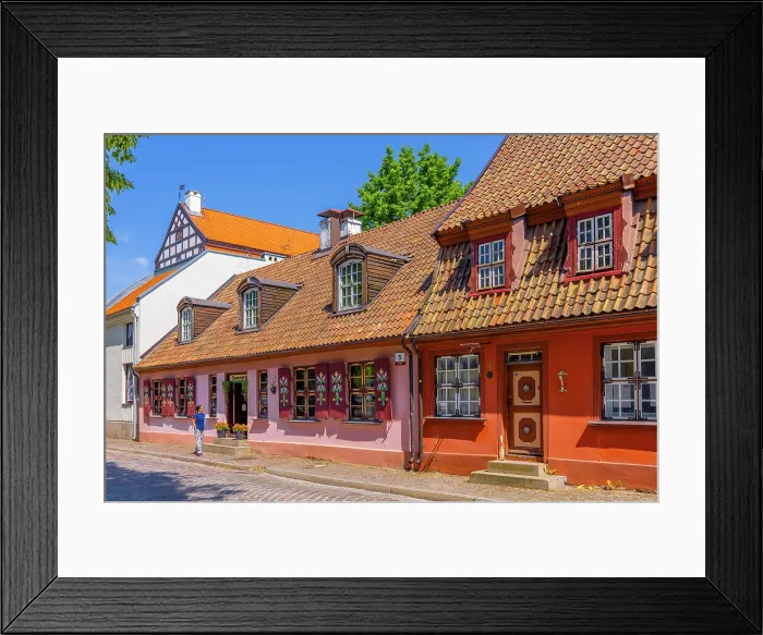 Framed Print : Shops in Traditional Germanic Architecture, Klaipeda, Lithuania Framed Print : Shops in Traditional Germanic Architecture, Klaipeda, Lithuania