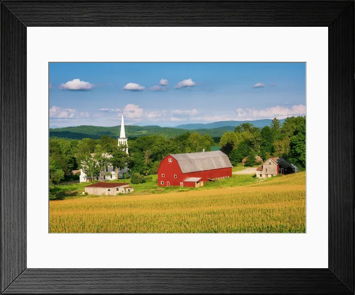 Framed Print : Sunset over white-steeple church and red barn, Green Mountains, Peacham, Vermont, USA Framed Print : Sunset over white-steeple church and red barn, Green Mountains, Peacham, Vermont, USA