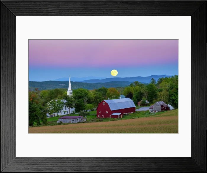 Framed Print : Harvest moon rising over white-steeple church and red barn, Green Mountains, Peacham, Vermont, USA Framed Print : Harvest moon rising over white-steeple church and red barn, Green Mountains, Peacham, Vermont, USA