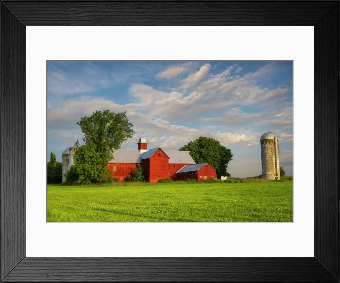 Framed Print : Sunrise at historic red barn with silos, Green Mountains, Charlotte, Vermont, USA