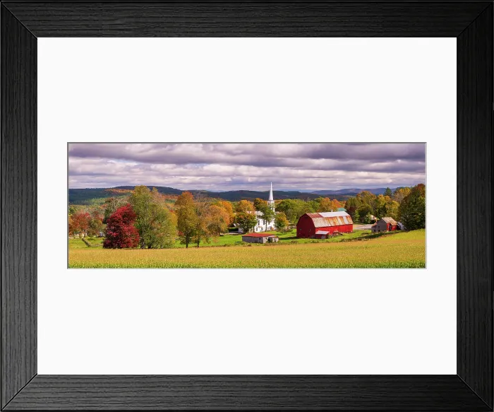Framed Print : Autumn over white-steeple church and red barn, Green Mountains, Peacham, Vermont, USA Framed Print : Autumn over white-steeple church and red barn, Green Mountains, Peacham, Vermont, USA