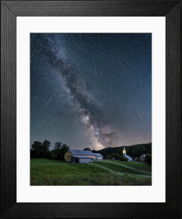 Framed Print : Milky Way over village and white-steeple church with meteor, East Corinth, Vermont, USA Framed Print : Milky Way over village and white-steeple church with meteor, East Corinth, Vermont, USA