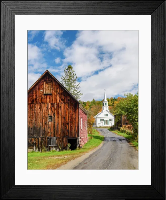 Framed Print : Autumn over road with white-steeple church and red barn, Green Mountains, Waits River, Vermont, USA Framed Print : Autumn over road with white-steeple church and red barn, Green Mountains, Waits River, Vermont, USA