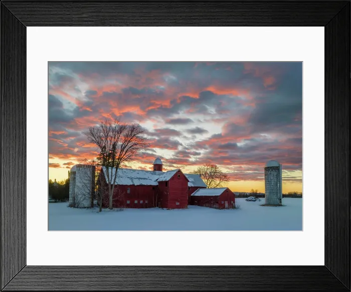 Framed Print : Winter sunset over red barn, Green Mountains, Charlotte, Vermont, USA Framed Print : Winter sunset over red barn, Green Mountains, Charlotte, Vermont, USA