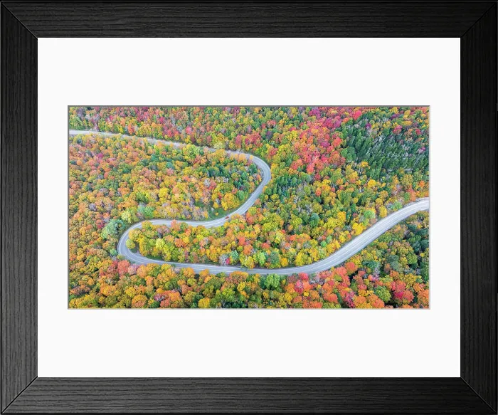 Framed Print : Aerial view of twisting road with vehicle in autumn, Schuss Pass, Waitsfield, Vermont, USA Framed Print : Aerial view of twisting road with vehicle in autumn, Schuss Pass, Waitsfield, Vermont, USA