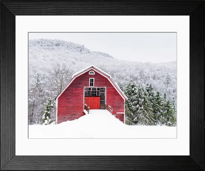 Framed Print : Red barn in snow against mountain, Green Mountains, Hancock, Vermont, USA Framed Print : Red barn in snow against mountain, Green Mountains, Hancock, Vermont, USA
