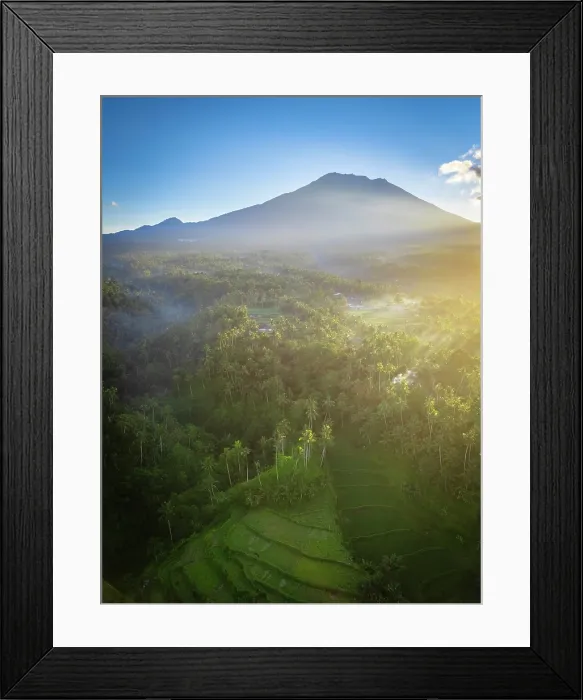Framed Print : Mount Agung volcano (highest mountain in Bali) and rice terraces, Bali, Indonesia