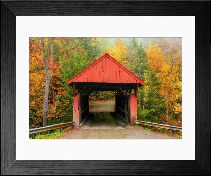 Framed Print : The Red Covered Bridge in autumn, Green Mountains, Morristown, Vermont, USA Framed Print : The Red Covered Bridge in autumn, Green Mountains, Morristown, Vermont, USA