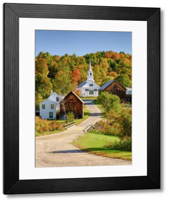 Framed Print : Autumn over road with white-steeple church and red barn, Green Mountains, Waits River, Vermont, USA Framed Print : Autumn over road with white-steeple church and red barn, Green Mountains, Waits River, Vermont, USA