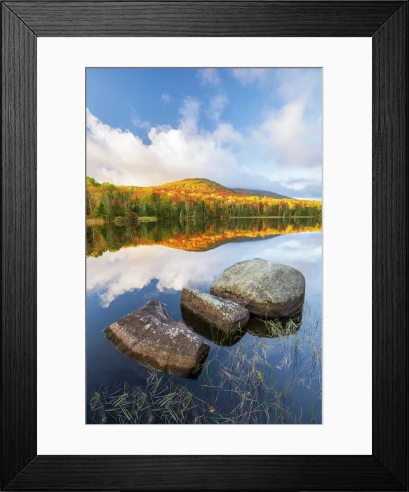 Framed Print : Autumn reflection on Noyes Pond (aka Seyon Pond) in autumn with rocks, Groton, Vermont, USA Framed Print : Autumn reflection on Noyes Pond (aka Seyon Pond) in autumn with rocks, Groton, Vermont, USA