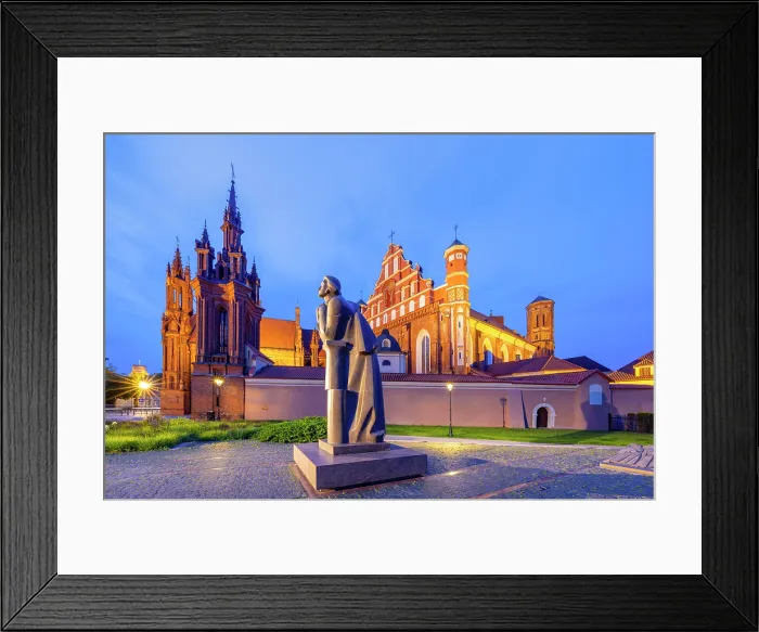 Framed Print : A Statue of the Polish Poet Adam Mickiewicz in front of St. Anne's Church and the Church of St. Francis and St. Bernard at Dusk, Vilnius, Lithuania Framed Print : A Statue of the Polish Poet Adam Mickiewicz in front of St. Anne's Church and the Church of St. Francis and St. Bernard at Dusk, Vilnius, Lithuania