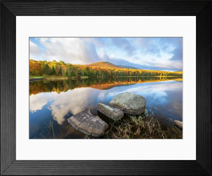 Framed Print : Mountain reflection on Noyes Pond (aka Seyon Pond) in autumn with rocks, Groton, Vermont, USA Framed Print : Mountain reflection on Noyes Pond (aka Seyon Pond) in autumn with rocks, Groton, Vermont, USA