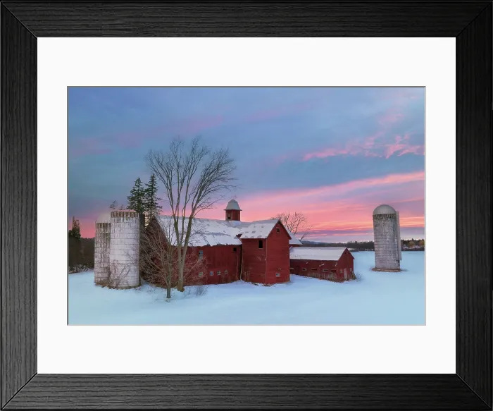 Framed Print : Winter sunrise over red barn, Green Mountains, Charlotte, Vermont, USA Framed Print : Winter sunrise over red barn, Green Mountains, Charlotte, Vermont, USA