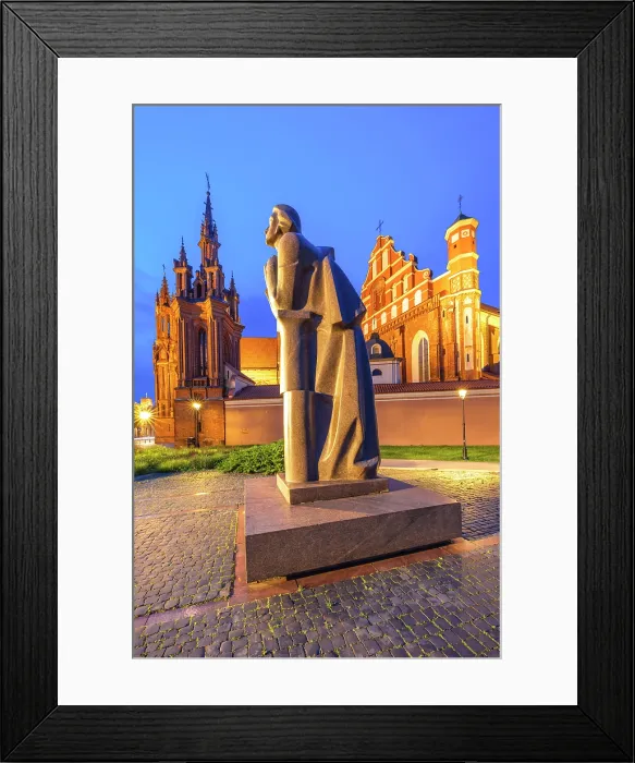 Framed Print : A Statue of the Polish Poet Adam Mickiewicz in front of St. Anne's Church and the Church of St. Francis and St. Bernard at Dusk, Vilnius, Lithuania Framed Print : A Statue of the Polish Poet Adam Mickiewicz in front of St. Anne's Church and the Church of St. Francis and St. Bernard at Dusk, Vilnius, Lithuania