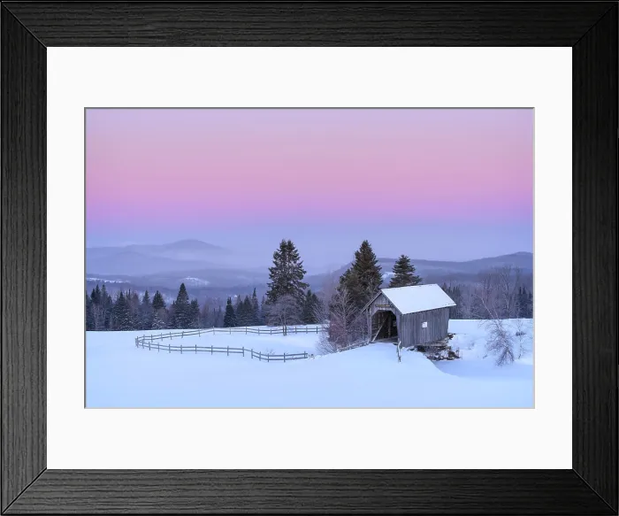 Framed Print : Winter dawn at the A.M. Foster Bridge, Green Mountains, Cabot, Vermont, USA Framed Print : Winter dawn at the A.M. Foster Bridge, Green Mountains, Cabot, Vermont, USA