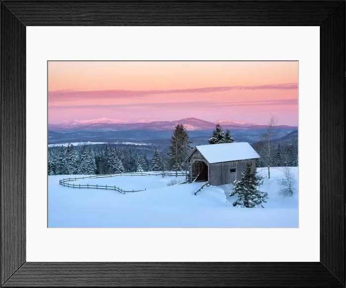 Framed Print : Winter dawn at the A.M. Foster Bridge, Green Mountains, Cabot, Vermont, USA Framed Print : Winter dawn at the A.M. Foster Bridge, Green Mountains, Cabot, Vermont, USA