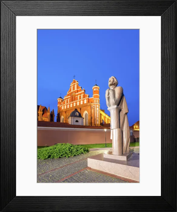 Framed Print : A Statue of the Polish Poet Adam Mickiewicz in front of St. Anne's Church and the Church of St. Francis and St. Bernard at Dusk, Vilnius, Lithuania Framed Print : A Statue of the Polish Poet Adam Mickiewicz in front of St. Anne's Church and the Church of St. Francis and St. Bernard at Dusk, Vilnius, Lithuania