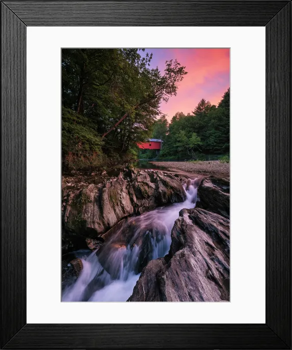Framed Print : Sunset over Slaughter House Covered Bridge and Dog River, Northfield, Vermont, USA