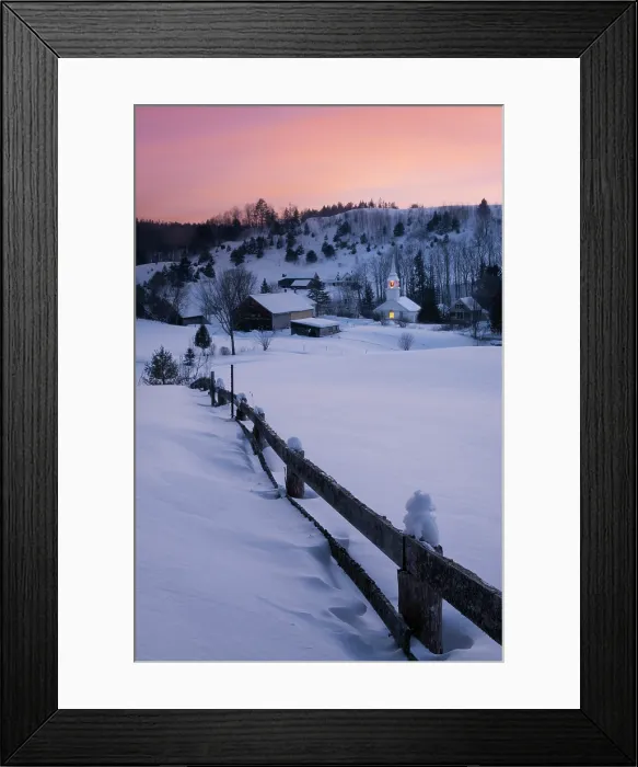 Framed Print : Winter dusk over white-steeple church and barn with farmer fenc, Green Mountains, East Corinth, Vermont, USA Framed Print : Winter dusk over white-steeple church and barn with farmer fenc, Green Mountains, East Corinth, Vermont, USA