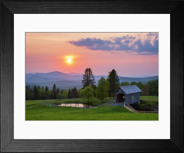 Framed Print : Hazy sunset over the A.M. Foster Bridge, Green Mountains, Cabot, Vermont, USA