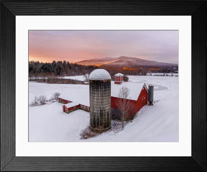 Framed Print : Winter Sunrise over Barn and Silo, Green Mountains, Waterville, Vermont, USA