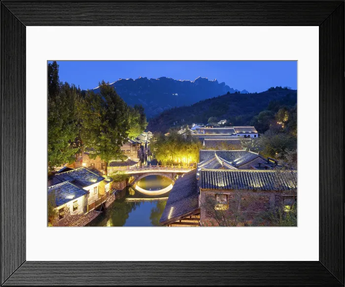 Framed Print : Gubei Water Town with the Great Wall of China at Simatai (UNESCO World Heritage Site) in the background at dusk, Beijing, China Framed Print : Gubei Water Town with the Great Wall of China at Simatai (UNESCO World Heritage Site) in the background at dusk, Beijing, China