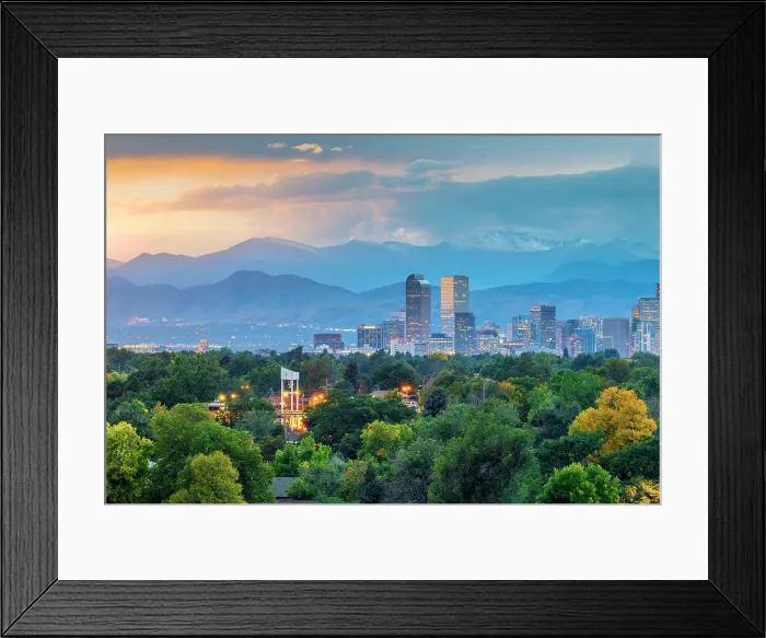 Framed Print : USA, Colorado, Denver, skyline with Rocky Mountains Front Range beyond