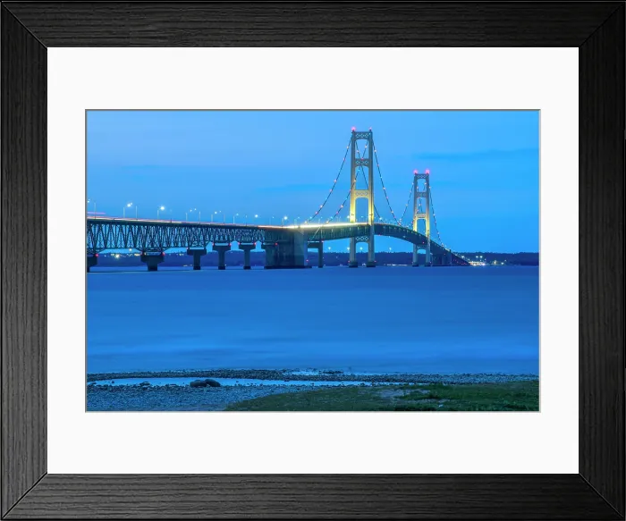 Framed Print : USA, Great Lakes, Mackinaw City, Lower Peninsula, Straits of Mackinac, Mackinac Bridge, Suspension bridge