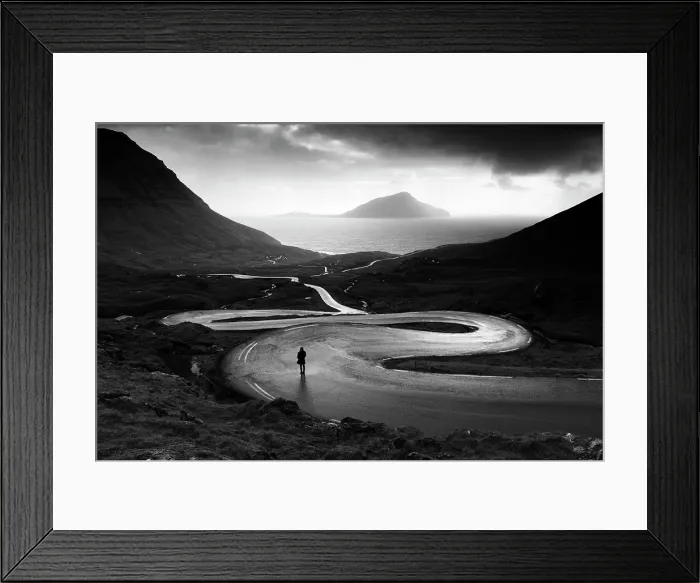 Framed Print : Denmark, Faroe Islands, Foroyar, Streymoy, one person stands on a twisting road Framed Print : Denmark, Faroe Islands, Foroyar, Streymoy, one person stands on a twisting road