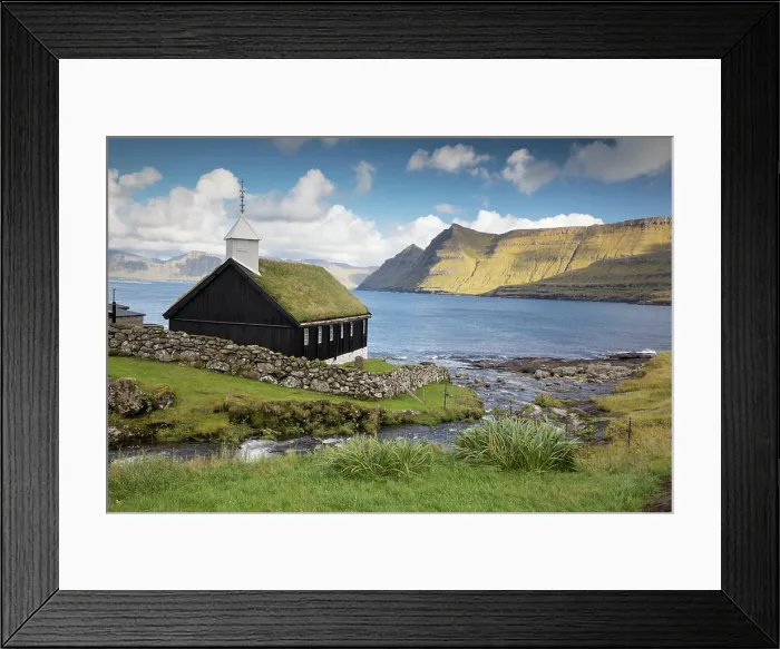Framed Print : Denmark, Faroe Islands, Foroyar, Eysturoy, Funningur, a turf covered church Framed Print : Denmark, Faroe Islands, Foroyar, Eysturoy, Funningur, a turf covered church