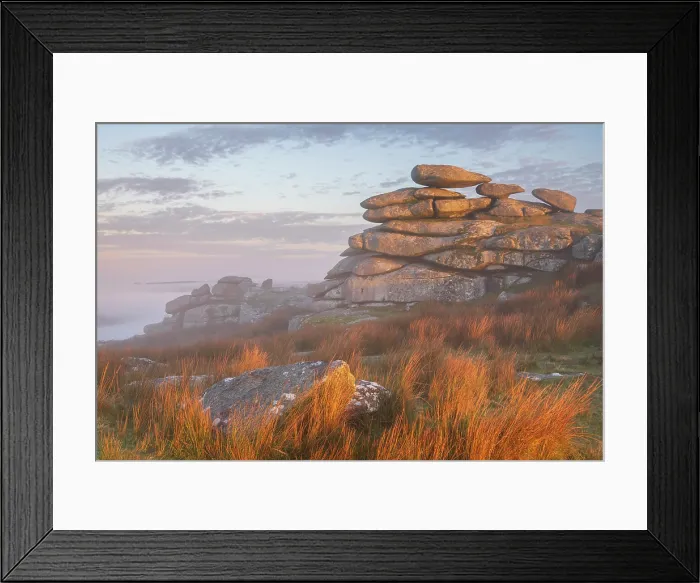 Framed Print : Granite Tor on Stowe's Hill at dawn on a misty morning, Bodmin Moor, Minions, Cornwall, England. Autumn (September) 2025