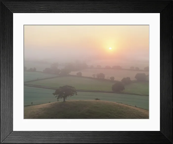 Framed Print : Sunrise over misty summer countryside, Mid Devon, England