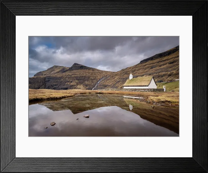 Framed Print : Turf roofed Saksun church reflected in a pond, Streymoy, Faroe Islands, Denmark, Europe Framed Print : Turf roofed Saksun church reflected in a pond, Streymoy, Faroe Islands, Denmark, Europe