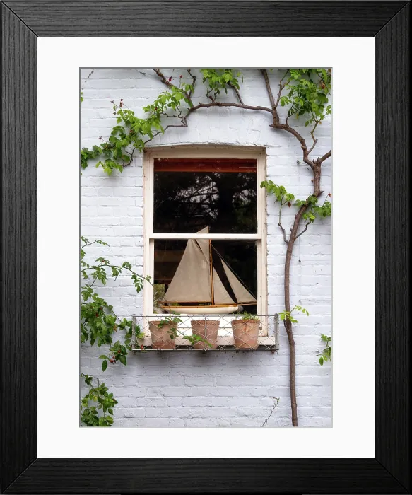 Framed Print : Model sailing boat in a cottage window, Teddington, London, England Framed Print : Model sailing boat in a cottage window, Teddington, London, England