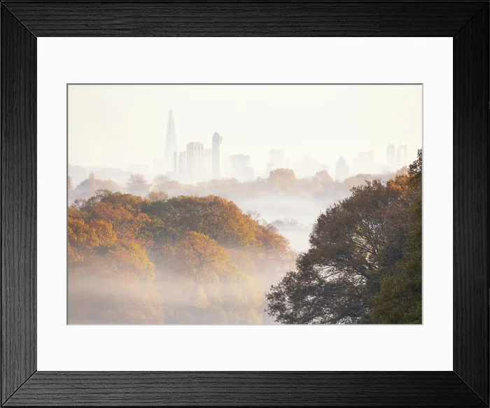 Framed Print : Central London as seen from Richmond Park during misty autumn morning, Richmond, London, England Framed Print : Central London as seen from Richmond Park during misty autumn morning, Richmond, London, England