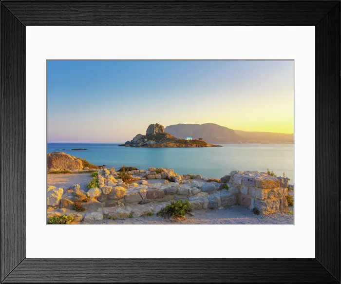 Framed Print : Greece, Dodecanese, Kos Island, Kamari Bay, Agios Stefanos Beach, Saint Stefanos Basilica Ruins and Kastri Island at sunset Framed Print : Greece, Dodecanese, Kos Island, Kamari Bay, Agios Stefanos Beach, Saint Stefanos Basilica Ruins and Kastri Island at sunset