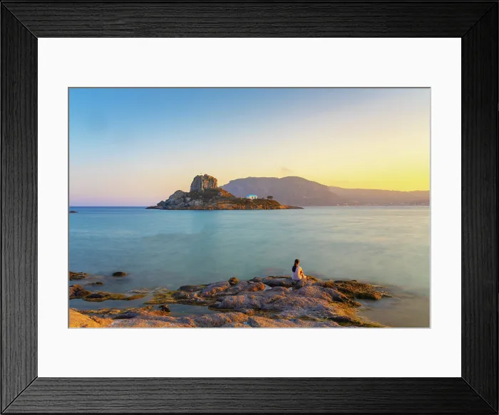 Framed Print : Greece, Dodecanese, Kos Island, Kamari Bay, Girl at Agios Stefanos Beach, and Kastri Island (MR) Framed Print : Greece, Dodecanese, Kos Island, Kamari Bay, Girl at Agios Stefanos Beach, and Kastri Island (MR)