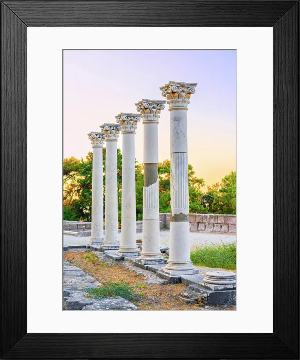 Framed Print : Greece, Dodecanese, Kos Island, Kos, Ancient Ruins of Asclepieion, Ancient pillars at dusk