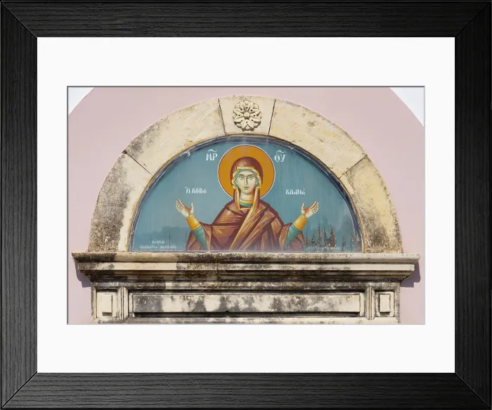 Framed Print : Greece, Dodecanese, Kos Island, , Zia, religious artwork above doorway