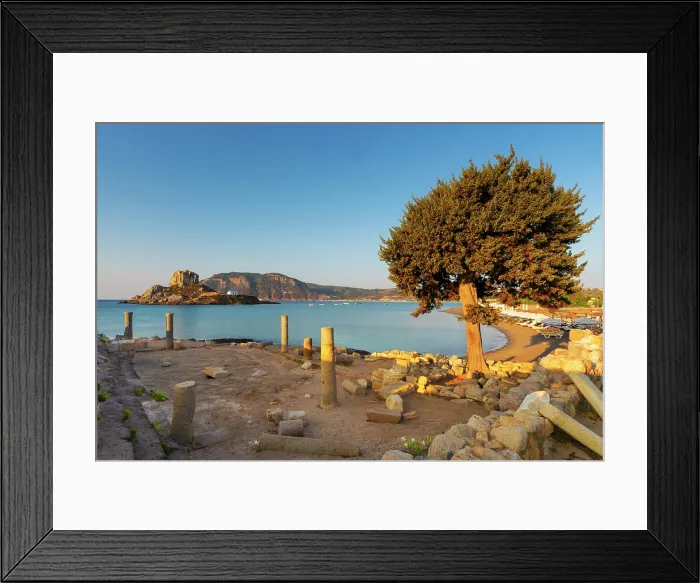 Framed Print : Greece, Dodecanese, Kos Island, Kamari Bay, Agios Stefanos Beach, Saint Stefanos Basilica Ruins and Kastri Island Framed Print : Greece, Dodecanese, Kos Island, Kamari Bay, Agios Stefanos Beach, Saint Stefanos Basilica Ruins and Kastri Island