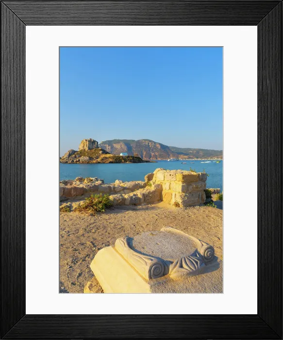 Framed Print : Greece, Dodecanese, Kos Island, Kamari Bay, Agios Stefanos Beach, Saint Stefanos Basilica Ruins and Kastri Island Framed Print : Greece, Dodecanese, Kos Island, Kamari Bay, Agios Stefanos Beach, Saint Stefanos Basilica Ruins and Kastri Island