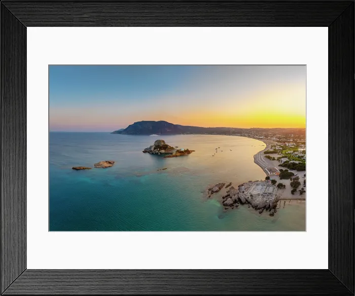 Framed Print : Greece, Dodecanese, Kos Island, Kamari Bay, Agios Stefanos Beach, Saint Stefanos Basilica Ruins and Kastri Island at sunset Framed Print : Greece, Dodecanese, Kos Island, Kamari Bay, Agios Stefanos Beach, Saint Stefanos Basilica Ruins and Kastri Island at sunset