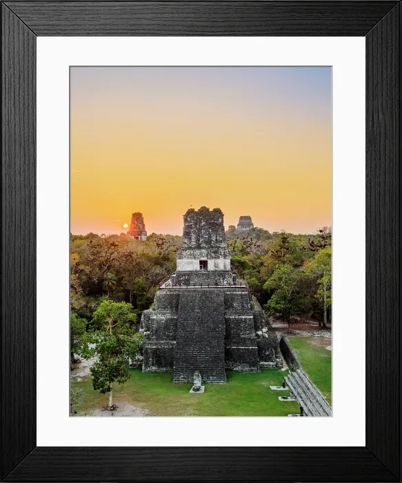 Framed Print : Temple II or Temple of the Masks at Great Plaza, Temples III and IV in the background, sunset, Tikal, Peten Department, Guatemala