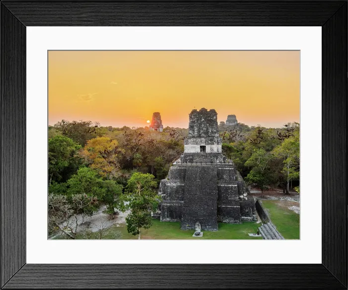 Framed Print : Temple II or Temple of the Masks at Great Plaza, Temples III and IV in the background, sunset, Tikal, Peten Department, Guatemala