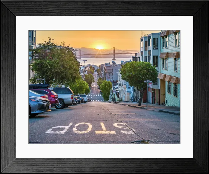 Framed Print : Oakland Bay Bridge from North Beach District at Sunrise, San Francisco, California, USA Framed Print : Oakland Bay Bridge from North Beach District at Sunrise, San Francisco, California, USA