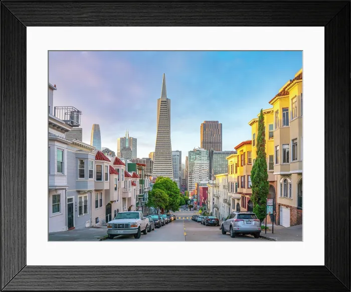 Framed Print : Transamerica Pyramid Building From North Beach at Sunrise with some Fogginess, San Francisco, California, USA
