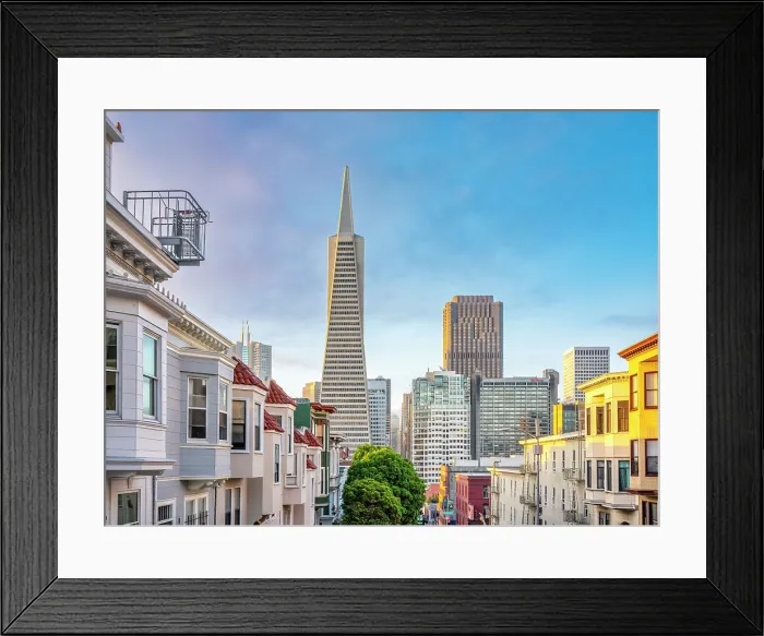 Framed Print : Transamerica Pyramid Building From North Beach at Sunrise with some Fogginess, San Francisco, California, USA