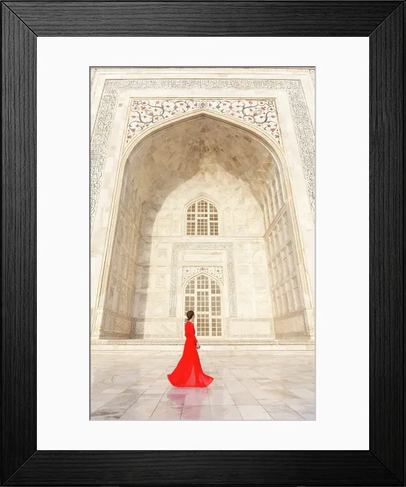Framed Print : India, Bharat, Uttar Pradesh, Agra, Taj Mahal, A woman in a red dress walks past the Taj Mahal