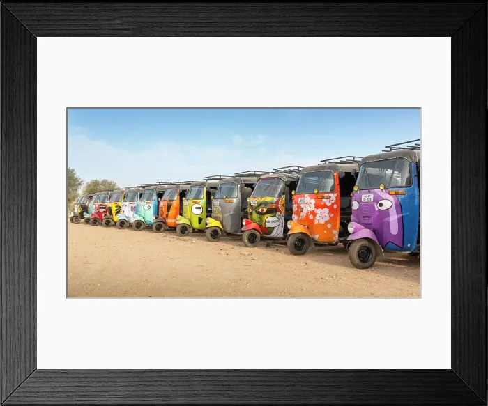Framed Print : India, Bharat, Rajasthan, Jaisalmer, Colourful tuk tuks Framed Print : India, Bharat, Rajasthan, Jaisalmer, Colourful tuk tuks