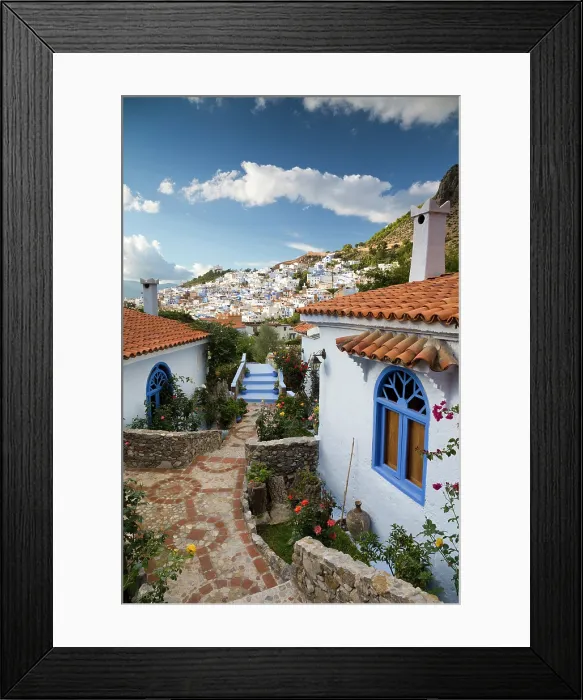 Framed Print : Africa, Morocco, Rif Mountains, Chefchaouen, Dar Chefchaouenhotel with the old town in the background